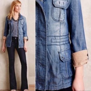 Anthro MARRAKECH Anorak Utility Jacket Coat Chambray Denim Blue Stripe Lined
